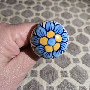 Turkey Ceramic Knob Hand-Painted Ceramic Flower Drawer Knob - Blue & Yellow